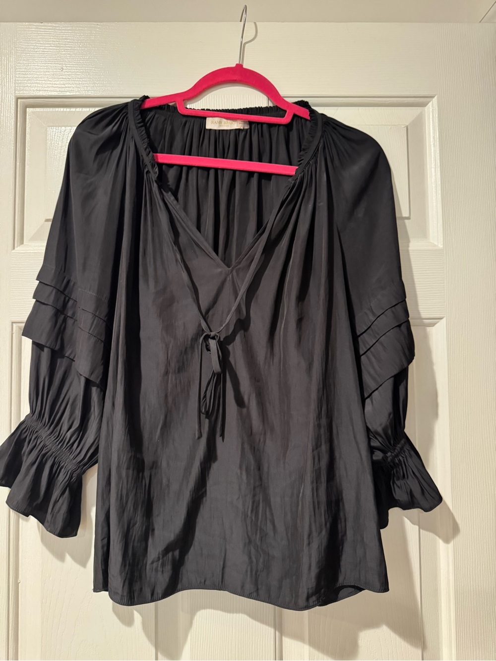 Ramy Broom Black Peasant Blouse with Tie Neck